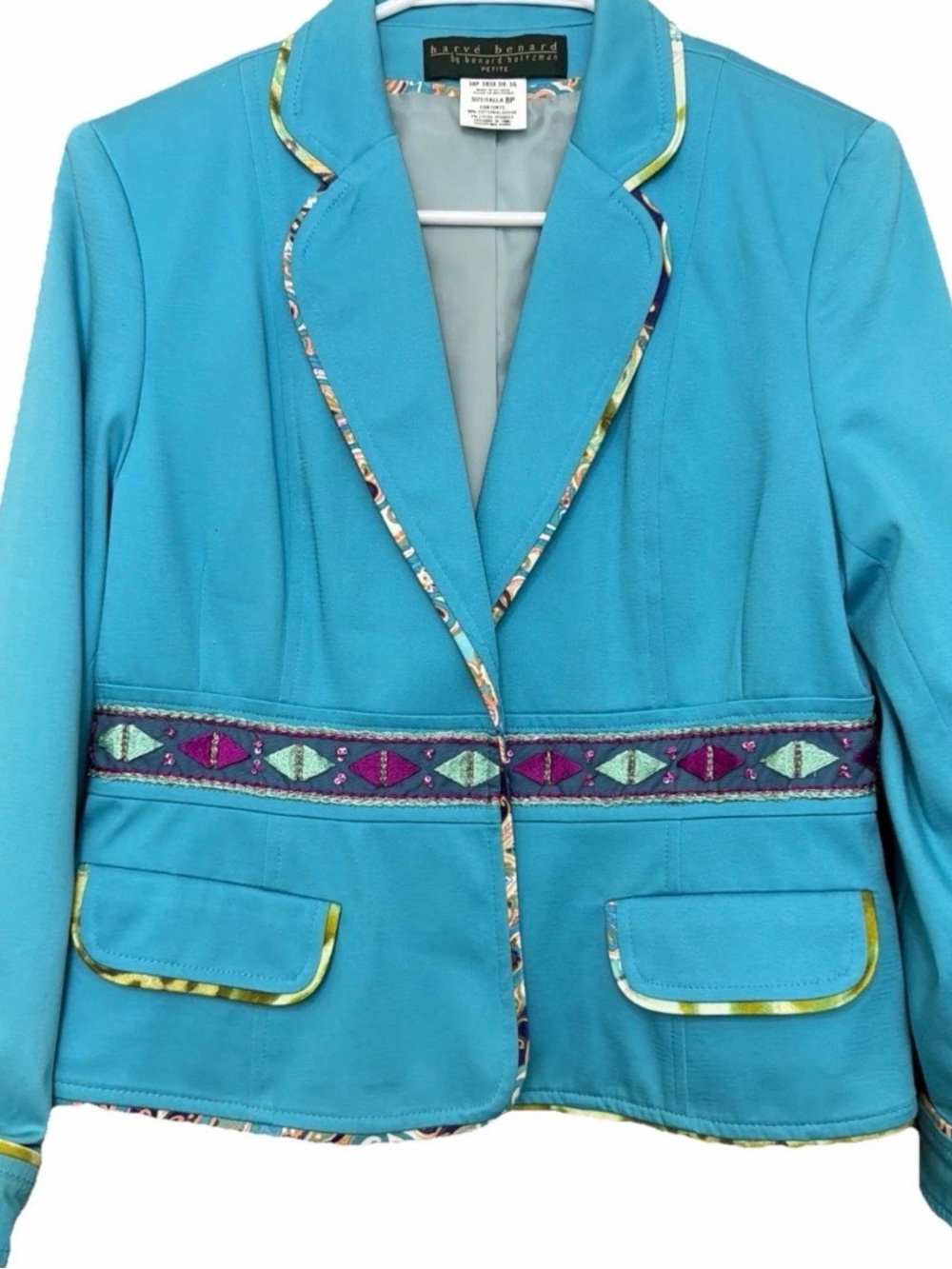 Vintage Harve Benard Turquoise Boho Embroidered Blazer Jacket Petite 8P